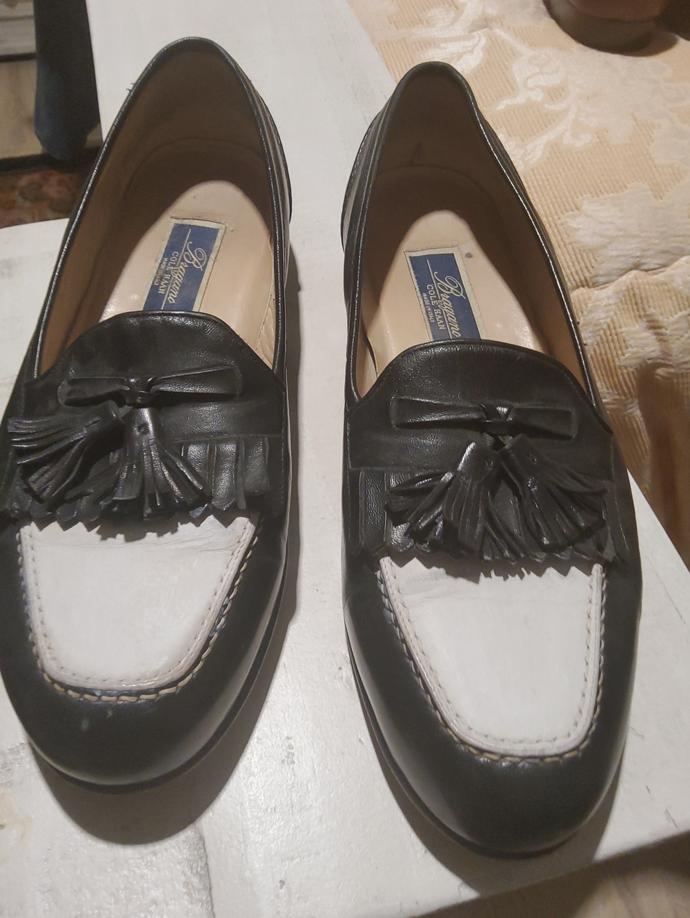 Cole Haan Black and White Tassel Kiltie Loafers